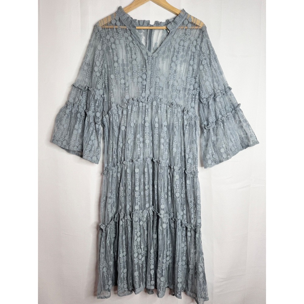 Sundance Dusty Slate Blue Grey Lace Tiered Bell Sleeve Boho Maxi Dress Large